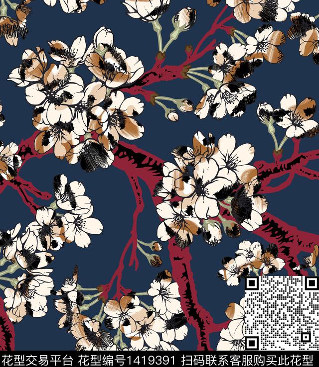 树枝花卉年轻女性传统印花华亿平台下载（图片编号: 1419391） - 瓦栏（Walan）