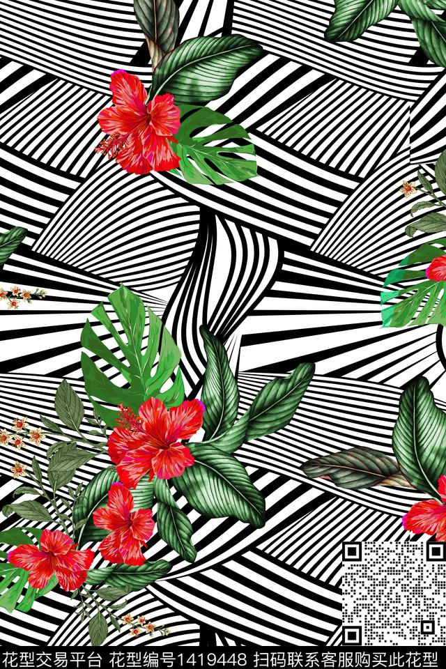 几何复古花卉数码印花华亿平台下载（图片编号: 1419448） - 瓦栏（Walan）