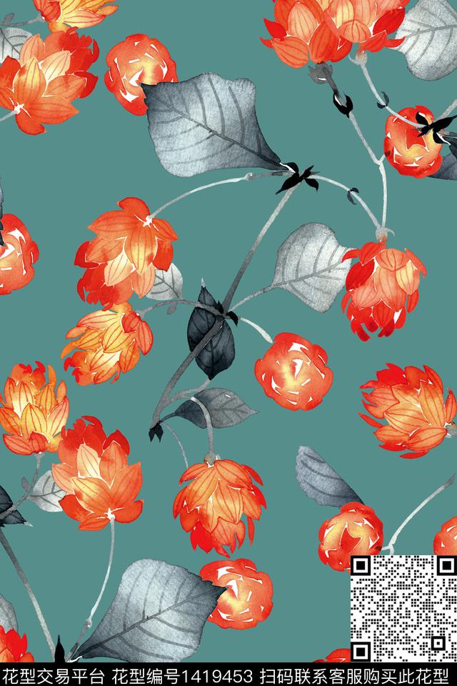 清爽底花卉花卉大牌风数码印花华亿平台下载（图片编号: 1419453） - 瓦栏（Walan）