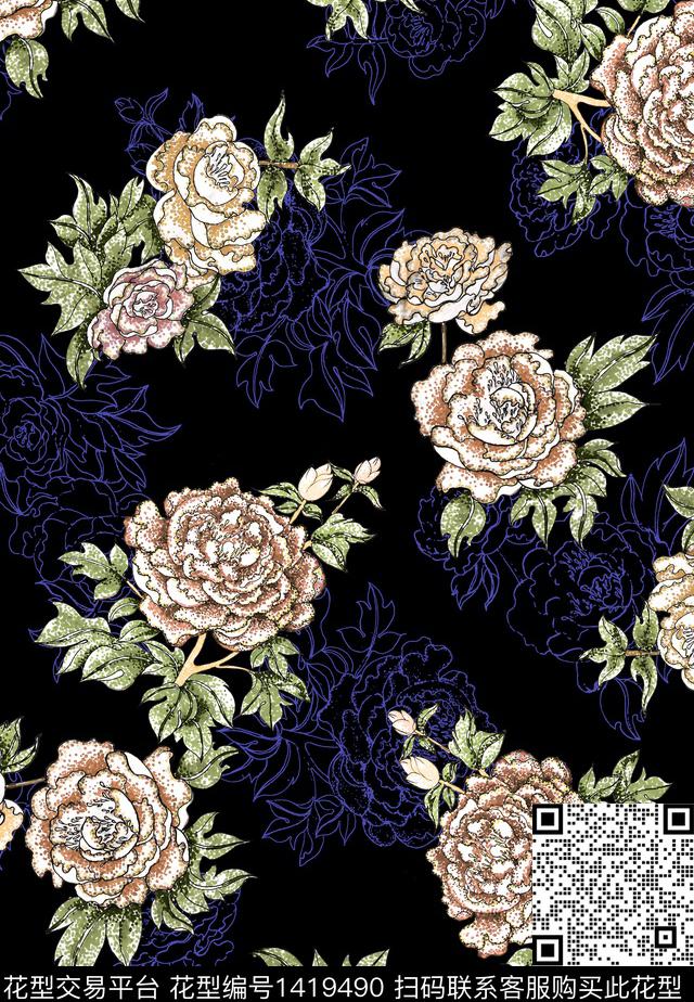花卉真丝牡丹数码印花华亿平台下载（图片编号: 1419490） - 瓦栏（Walan）