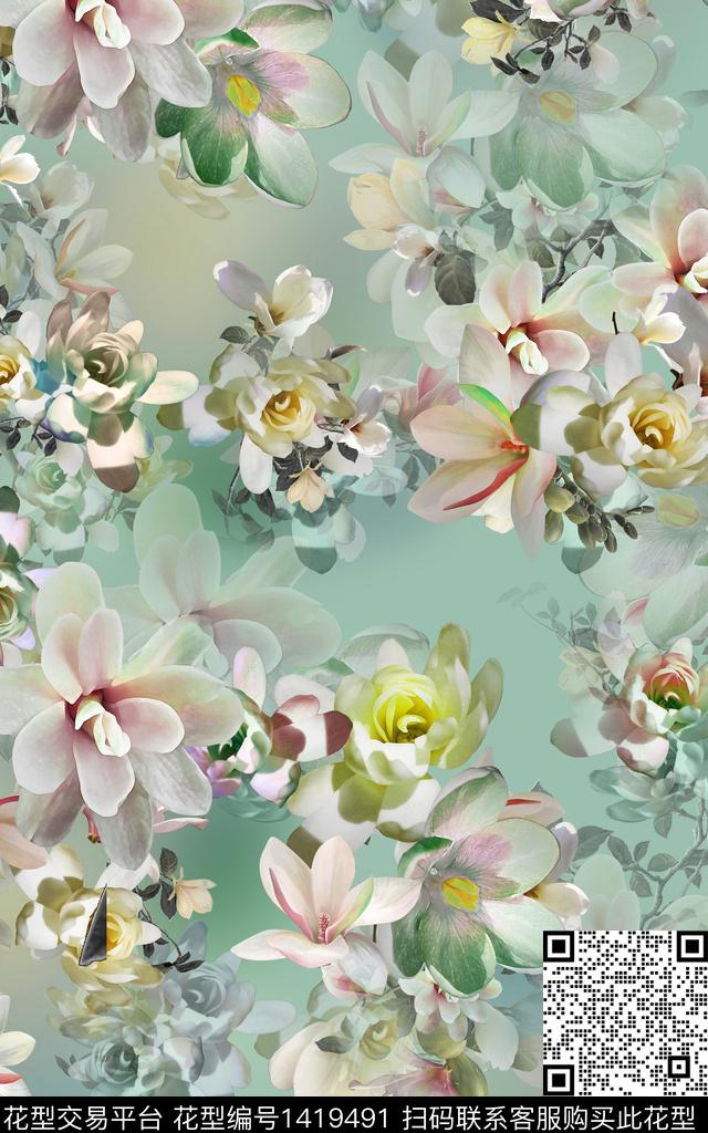 时尚花卉香云纱数码印花华亿平台下载（图片编号: 1419491） - 瓦栏（Walan）