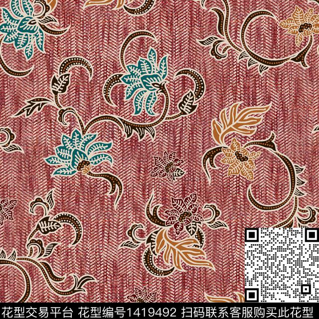 雕印华亿平台东南亚绿植树叶数码印花华亿平台下载（图片编号: 1419492） - 瓦栏（Walan）