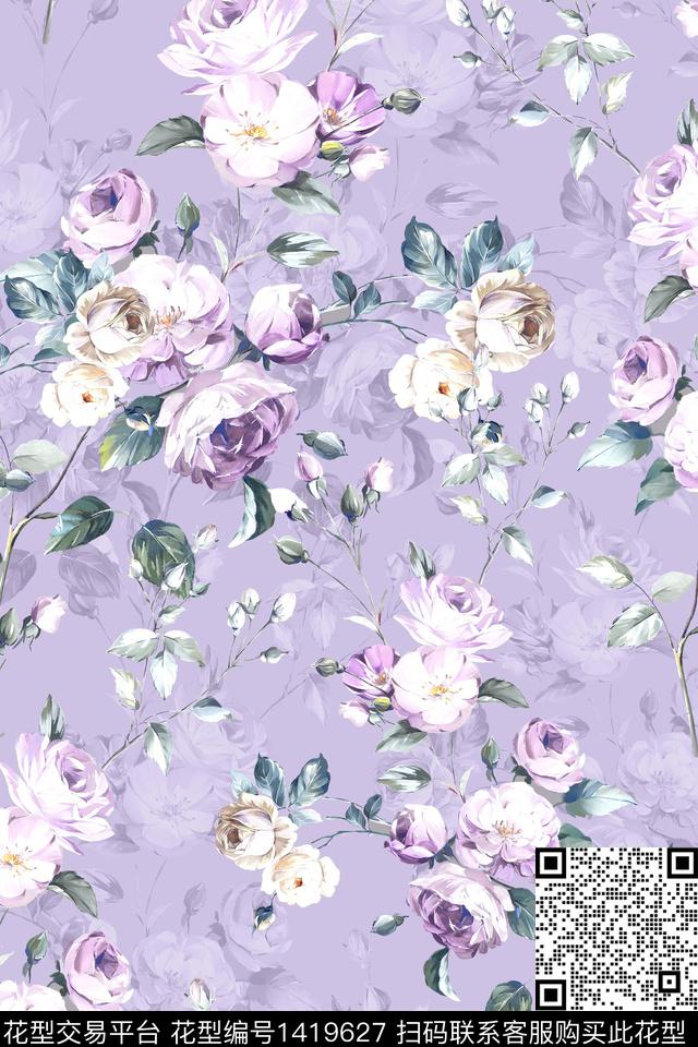时尚花卉真丝数码印花华亿平台下载（图片编号: 1419627） - 瓦栏（Walan）