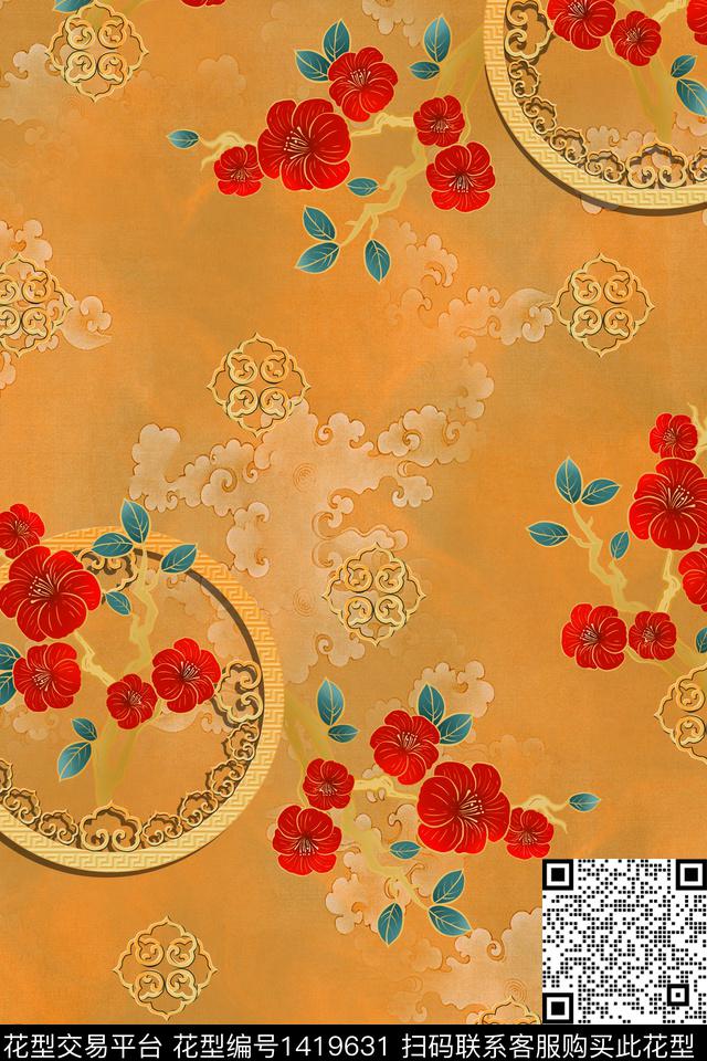 香云纱中国风复古旗袍花数码印花华亿平台下载（图片编号: 1419631） - 瓦栏（Walan）