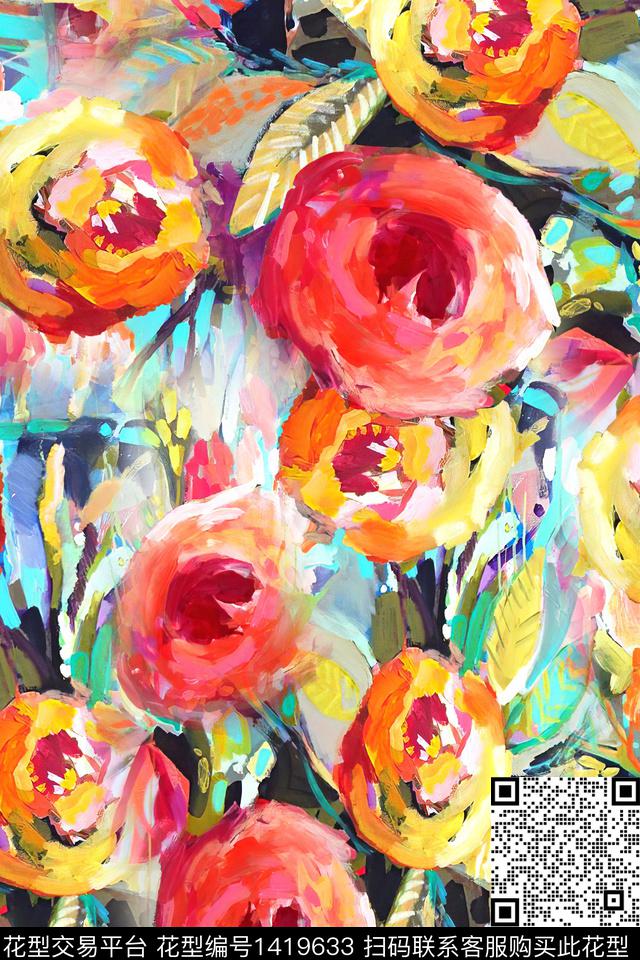 时尚花卉真丝数码印花华亿平台下载（图片编号: 1419633） - 瓦栏（Walan）