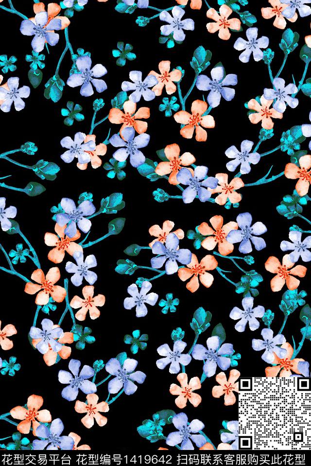 黑底花卉写意蓝色数码印花华亿平台下载（图片编号: 1419642） - 瓦栏（Walan）