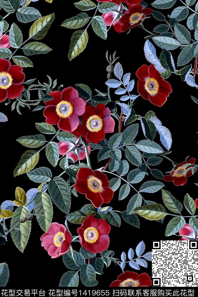 复古花卉香云纱数码印花华亿平台下载（图片编号: 1419655） - 瓦栏（Walan）