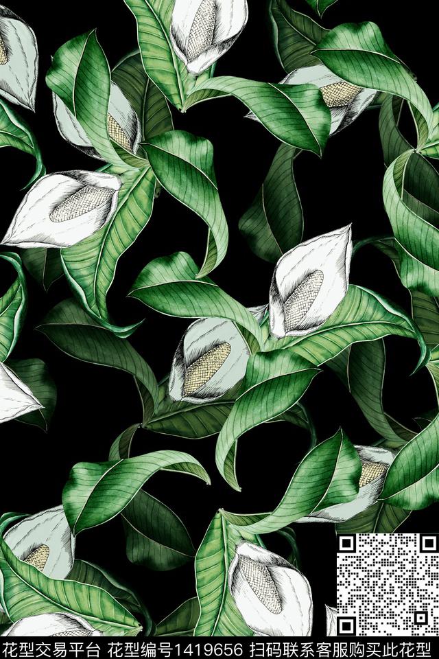 复古花卉香云纱数码印花华亿平台下载（图片编号: 1419656） - 瓦栏（Walan）