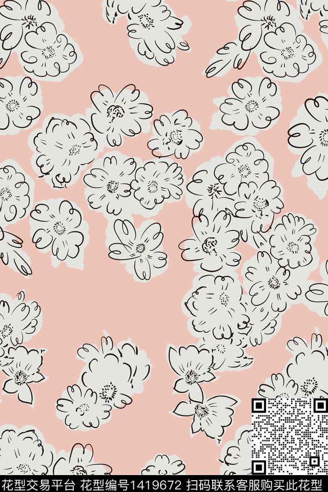 线条笔触白花传统印花华亿平台下载（图片编号: 1419672） - 瓦栏（Walan）