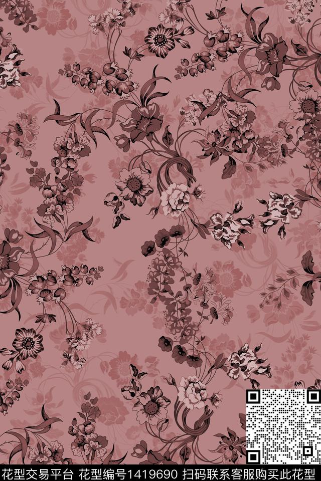 数码华亿平台复古花卉数码印花华亿平台下载（图片编号: 1419690） - 瓦栏（Walan）