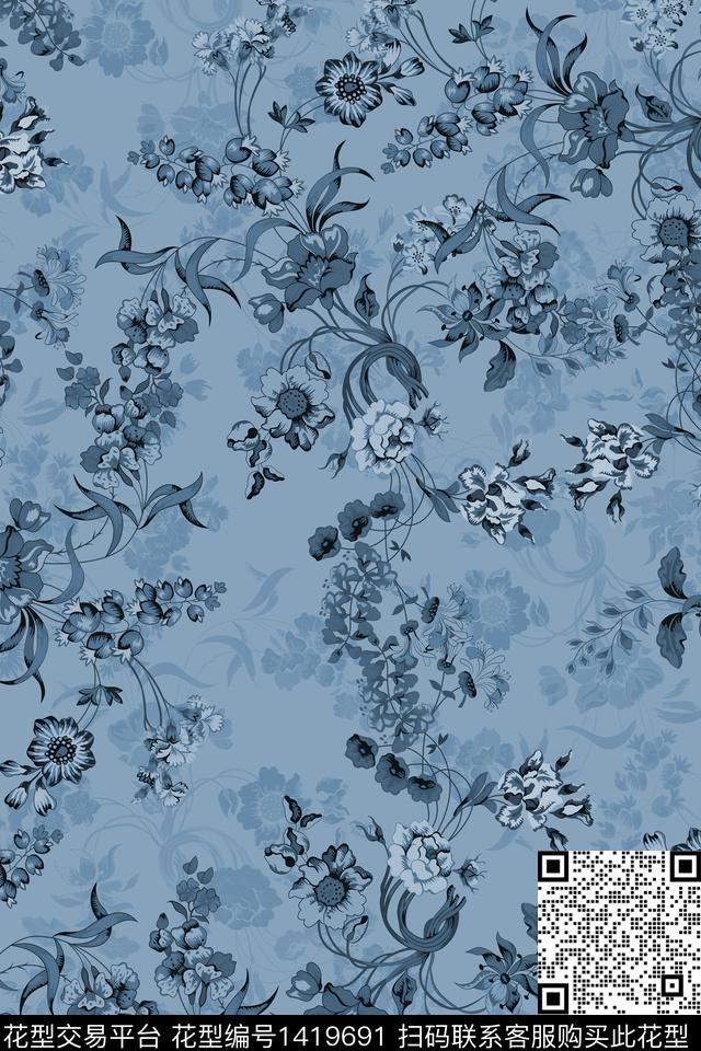 数码华亿平台复古花卉数码印花华亿平台下载（图片编号: 1419691） - 瓦栏（Walan）