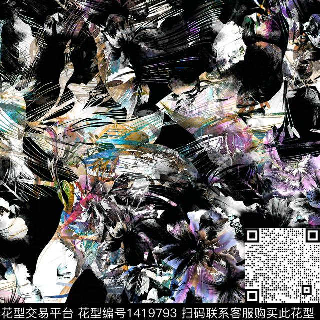 渐变复古花卉数码印花华亿平台下载（图片编号: 1419793） - 瓦栏（Walan）