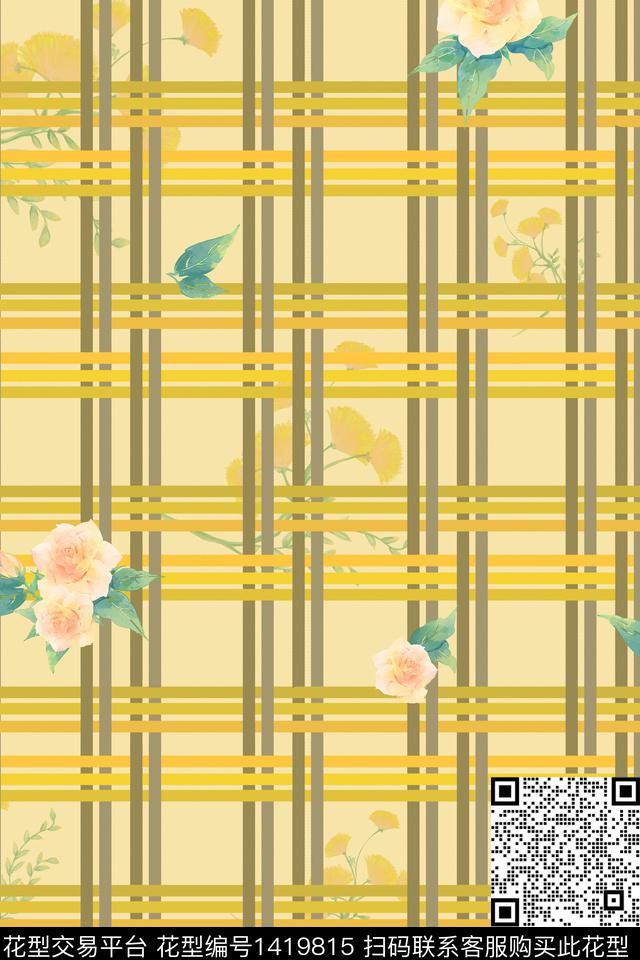 格子花卉大牌风数码印花华亿平台下载（图片编号: 1419815） - 瓦栏（Walan）