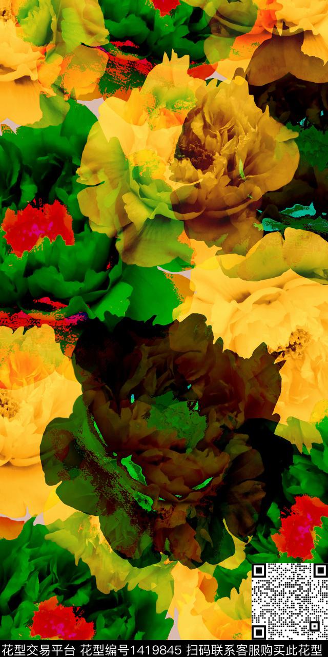 花卉香云纱真丝数码印花华亿平台下载（图片编号: 1419845） - 瓦栏（Walan）