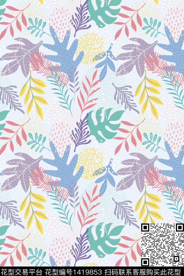 简约绿植树叶花卉数码印花华亿平台下载（图片编号: 1419853） - 瓦栏（Walan）