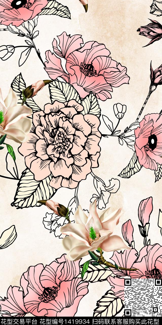 女装花卉大花数码印花华亿平台下载（图片编号: 1419934） - 瓦栏（Walan）
