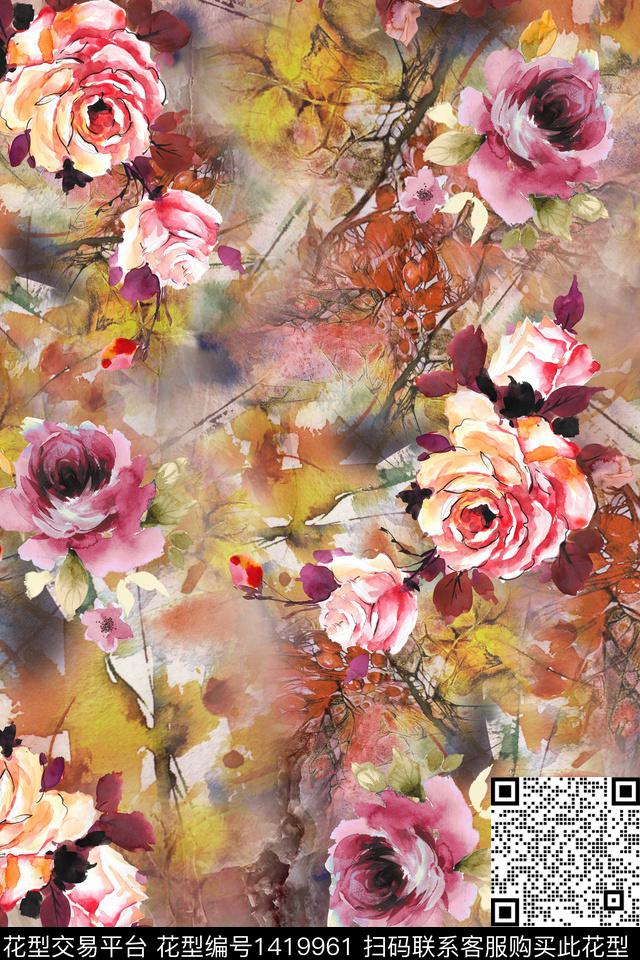 肌理绿植树叶水彩数码印花华亿平台下载（图片编号: 1419961） - 瓦栏（Walan）