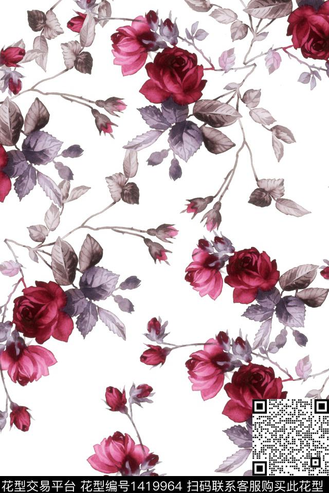 绿植树叶水彩清爽底花卉数码印花华亿平台下载（图片编号: 1419964） - 瓦栏（Walan）