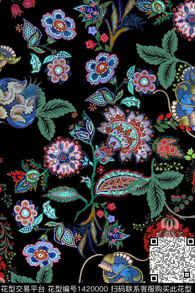 手绘花卉复古黑底花卉数码印花华亿平台下载（图片编号: 1420000） - 瓦栏（Walan）