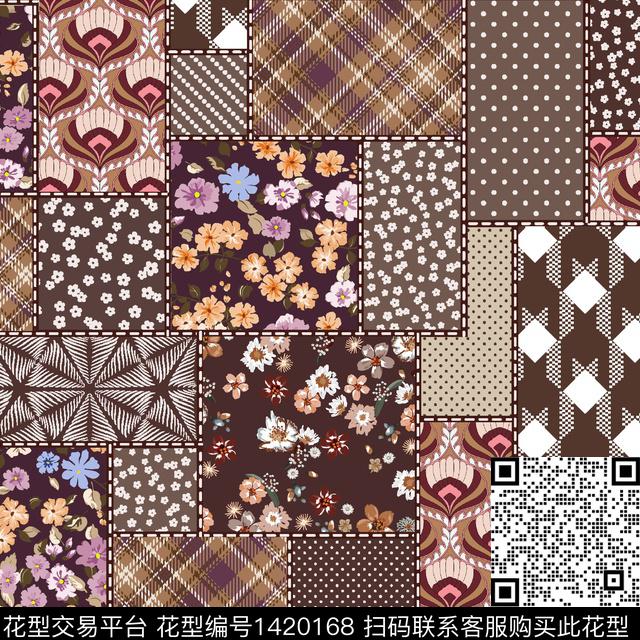 格子花卉真丝数码印花华亿平台下载（图片编号: 1420168） - 瓦栏（Walan）
