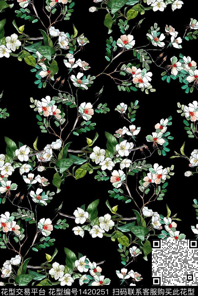 小碎花手绘花卉黑底花卉数码印花华亿平台下载（图片编号: 1420251） - 瓦栏（Walan）