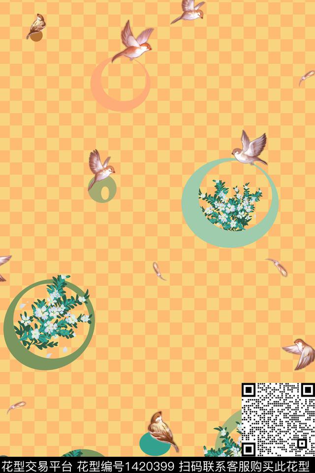 格子鸟花卉数码印花华亿平台下载（图片编号: 1420399） - 瓦栏（Walan）