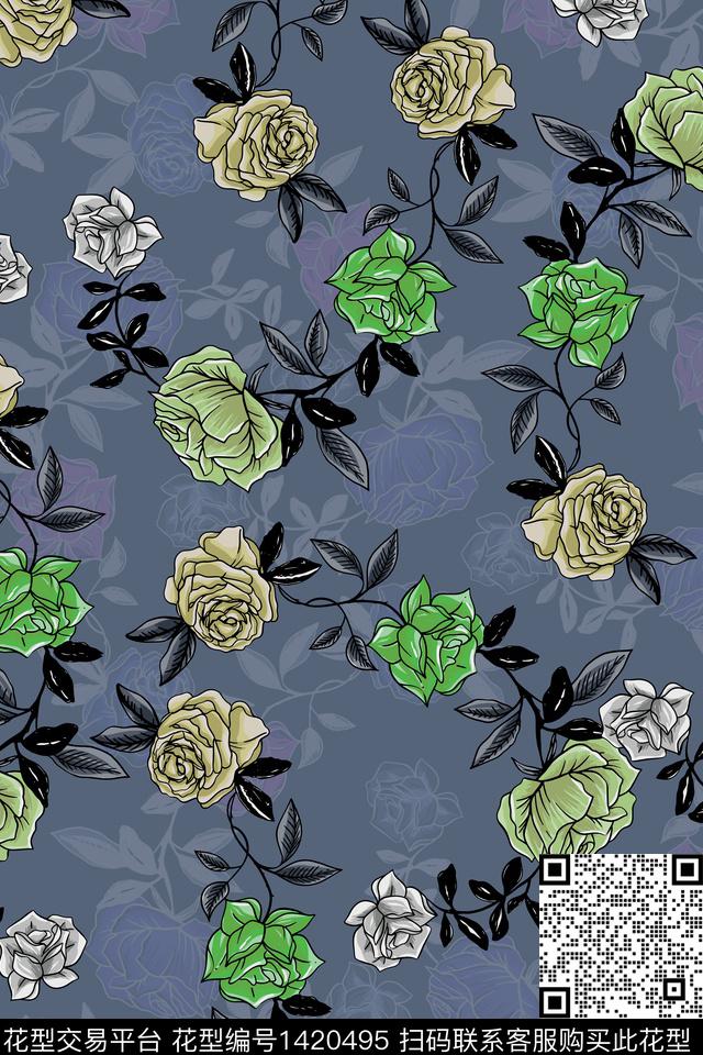 复古花卉大牌风数码印花华亿平台下载（图片编号: 1420495） - 瓦栏（Walan）