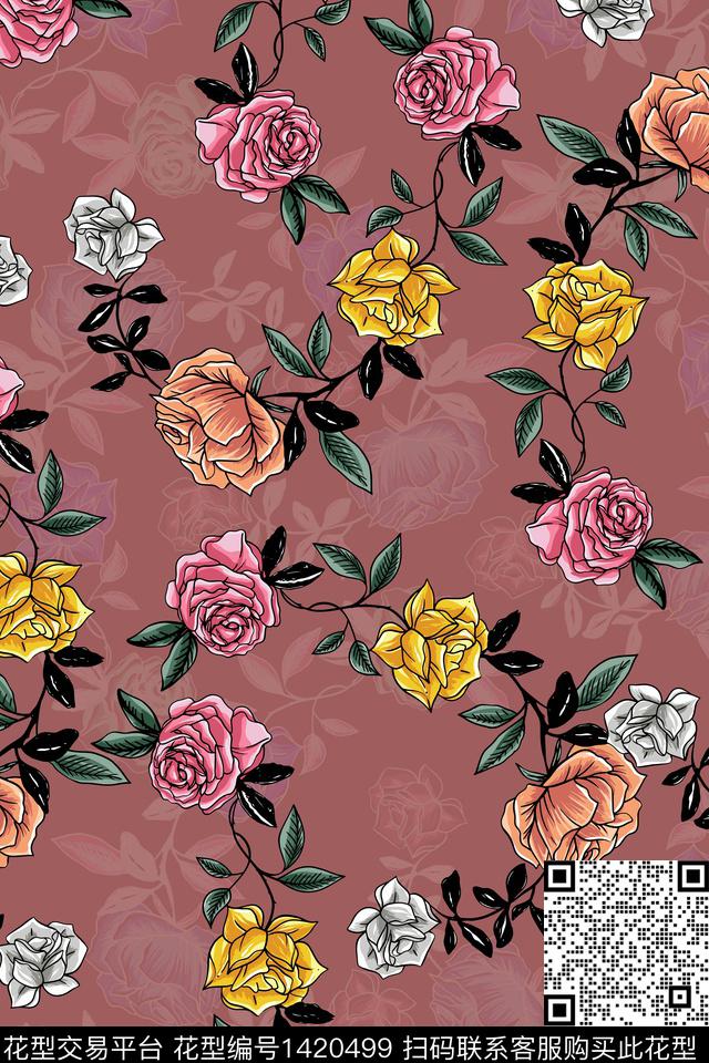 复古花卉大牌风数码印花华亿平台下载（图片编号: 1420499） - 瓦栏（Walan）