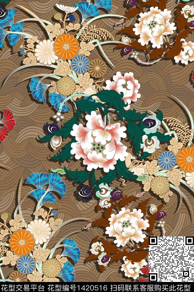 香云纱中国风复古旗袍花数码印花华亿平台下载（图片编号: 1420516） - 瓦栏（Walan）