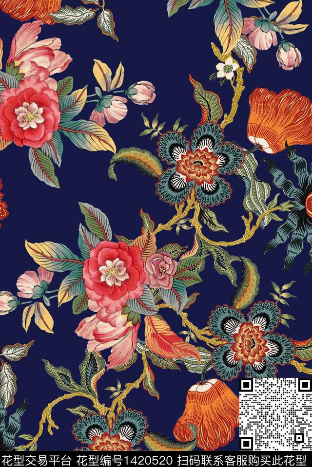 手绘花卉复古中花数码印花华亿平台下载（图片编号: 1420520） - 瓦栏（Walan）