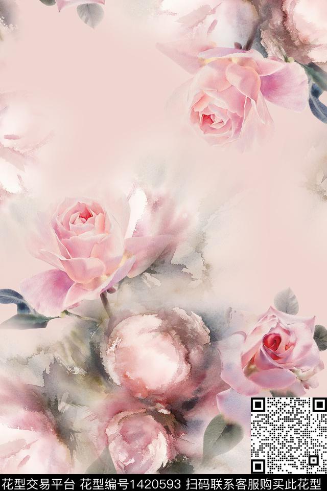 抽象花卉玫瑰花复古数码印花华亿平台下载（图片编号: 1420593） - 瓦栏（Walan）