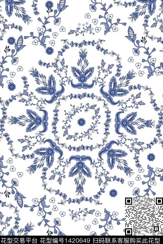 青花瓷清爽底花卉佩斯利传统印花华亿平台下载（图片编号: 1420649） - 瓦栏（Walan）