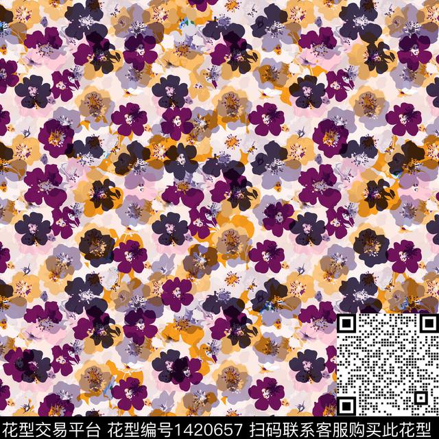 肌理水彩清爽底花卉传统印花华亿平台下载（图片编号: 1420657） - 瓦栏（Walan）