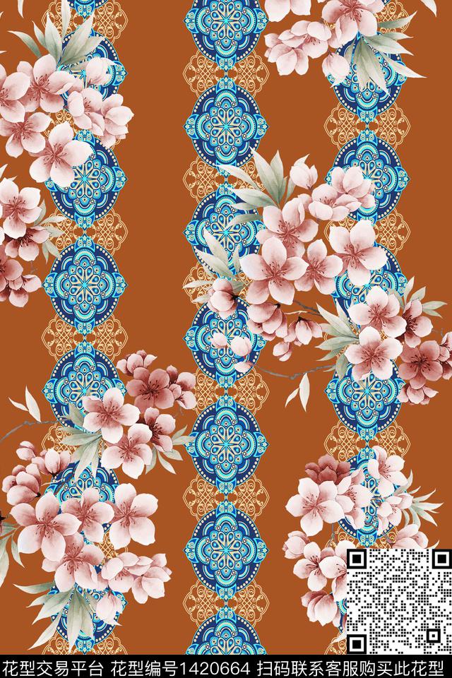 水彩传统纹样大牌风数码印花华亿平台下载（图片编号: 1420664） - 瓦栏（Walan）