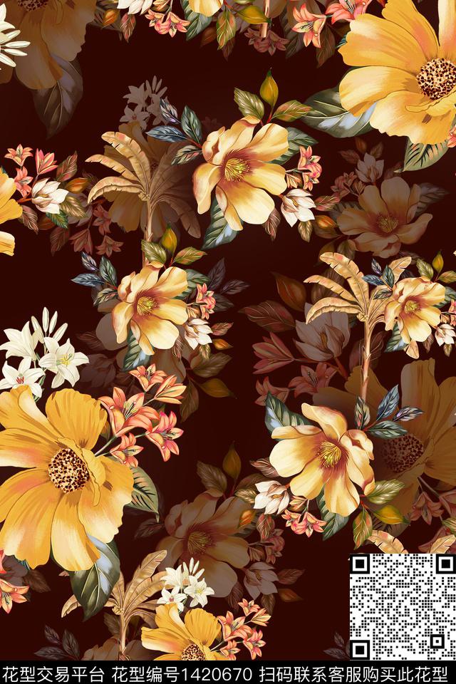 绿植树叶水彩大牌风数码印花华亿平台下载（图片编号: 1420670） - 瓦栏（Walan）