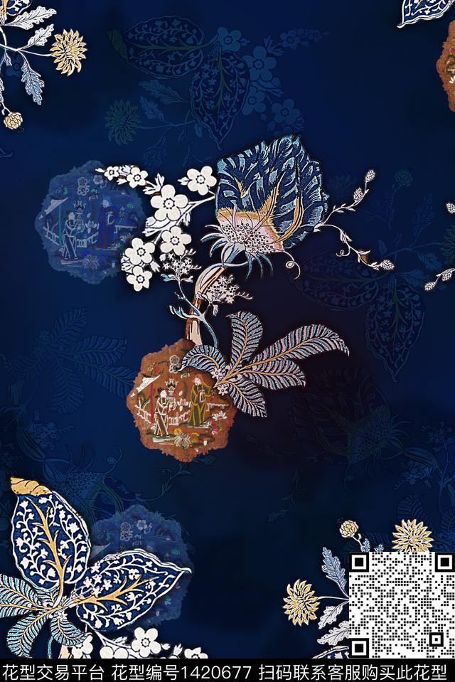 抽象花卉民族风绣花华亿平台数码印花华亿平台下载（图片编号: 1420677） - 瓦栏（Walan）