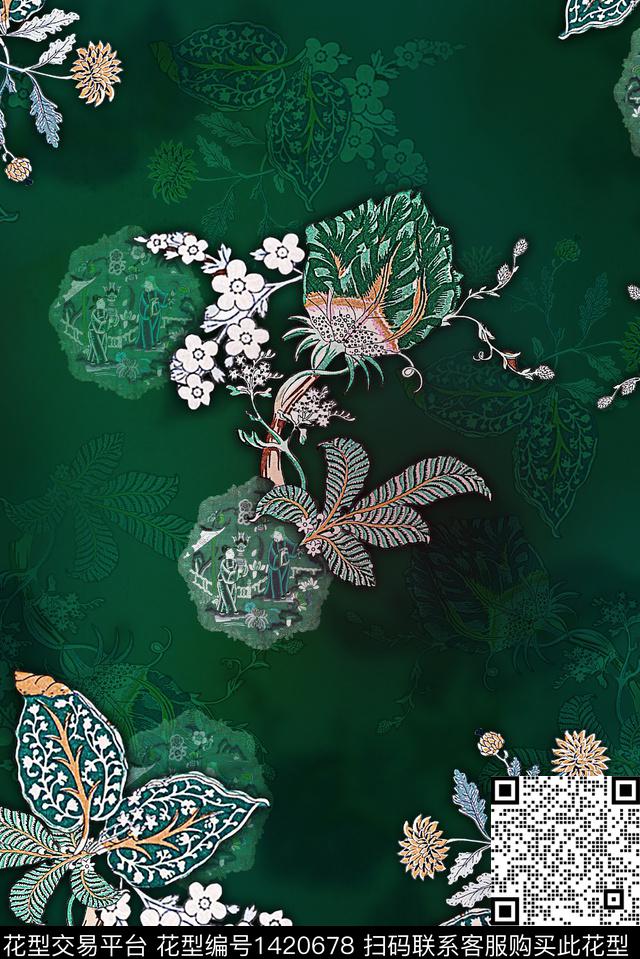抽象花卉民族风绣花华亿平台数码印花华亿平台下载（图片编号: 1420678） - 瓦栏（Walan）