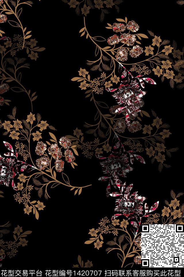 花卉中老年黑底花卉数码印花华亿平台下载（图片编号: 1420707） - 瓦栏（Walan）