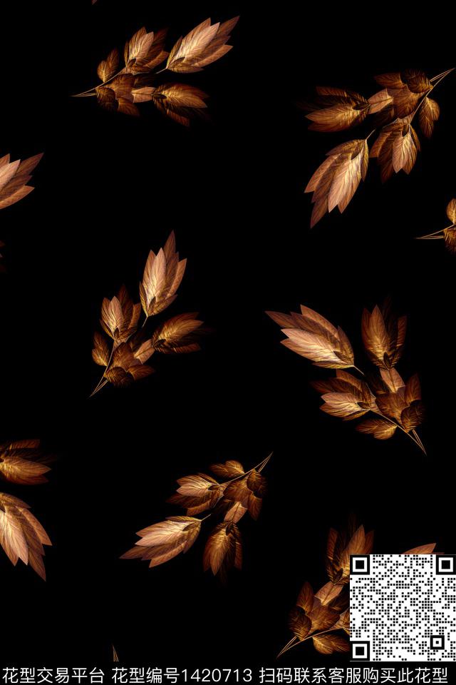 黑底花卉绿植树叶中老年数码印花华亿平台下载（图片编号: 1420713） - 瓦栏（Walan）