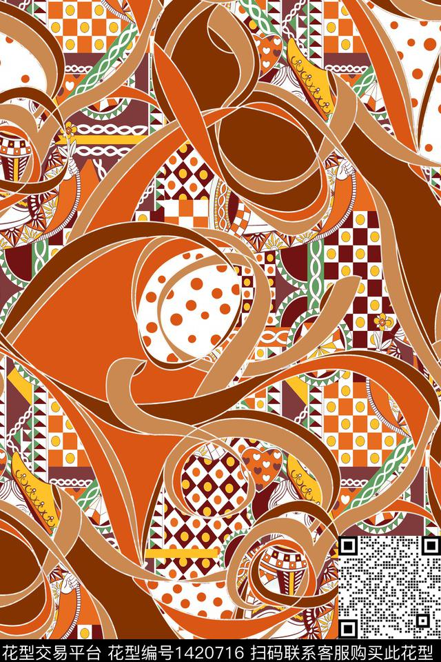 几何波点混合拼接数码印花华亿平台下载（图片编号: 1420716） - 瓦栏（Walan）