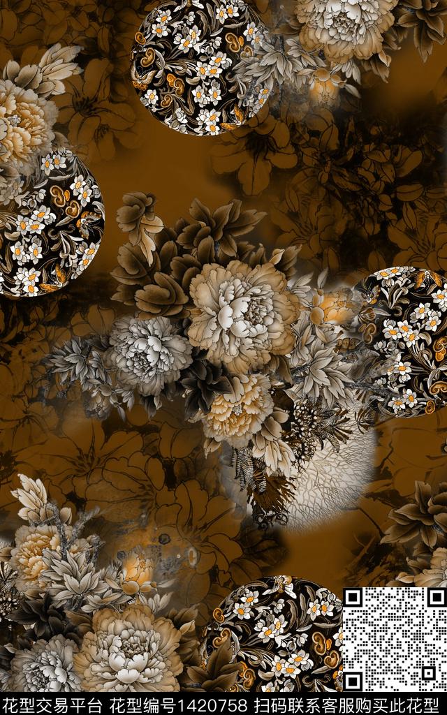 花卉香云纱抽象数码印花华亿平台下载（图片编号: 1420758） - 瓦栏（Walan）