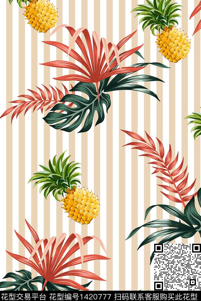 菠萝绿植树叶热带华亿平台数码印花华亿平台下载（图片编号: 1420777） - 瓦栏（Walan）
