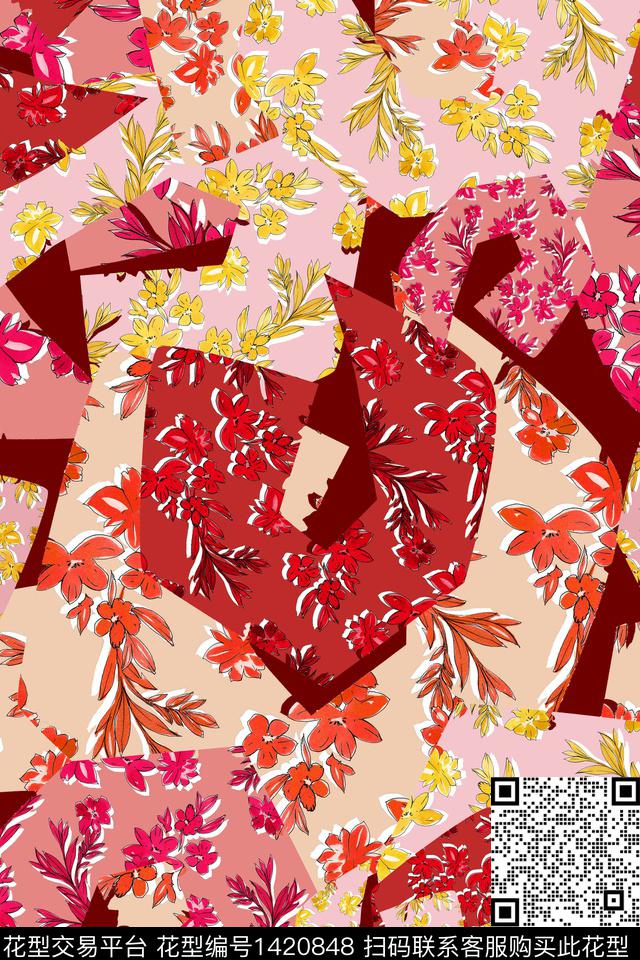 几何绿植树叶花卉数码印花华亿平台下载（图片编号: 1420848） - 瓦栏（Walan）