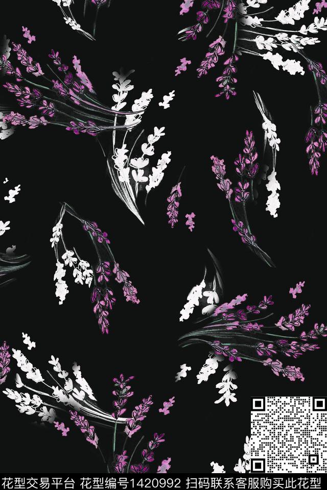 黑底花卉纹理小碎花数码印花华亿平台下载（图片编号: 1420992） - 瓦栏（Walan）