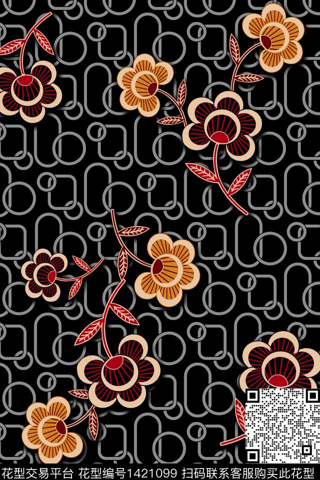 黑底花卉数码华亿平台花卉传统印花华亿平台下载（图片编号: 1421099） - 瓦栏（Walan）