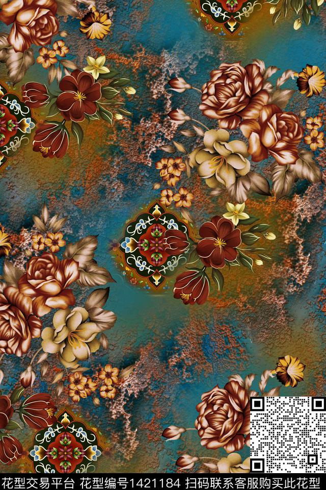 复古花卉香云纱数码印花华亿平台下载（图片编号: 1421184） - 瓦栏（Walan）
