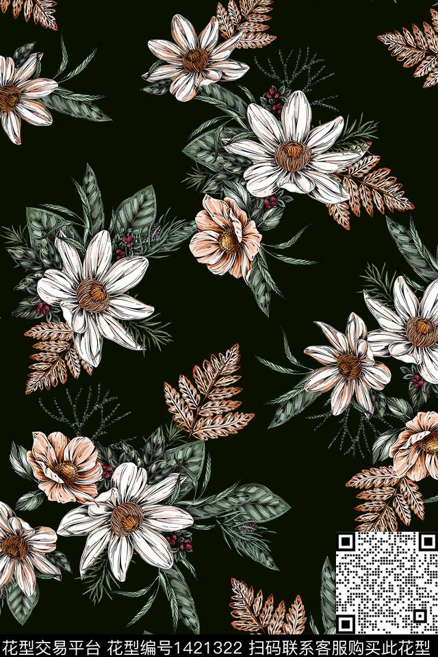 黑底花卉动物花卉数码华亿平台数码印花华亿平台下载（图片编号: 1421322） - 瓦栏（Walan）