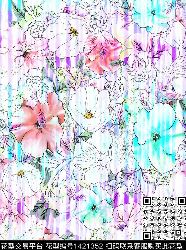 涂鸦花卉热带华亿平台数码印花华亿平台下载（图片编号: 1421352） - 瓦栏（Walan）