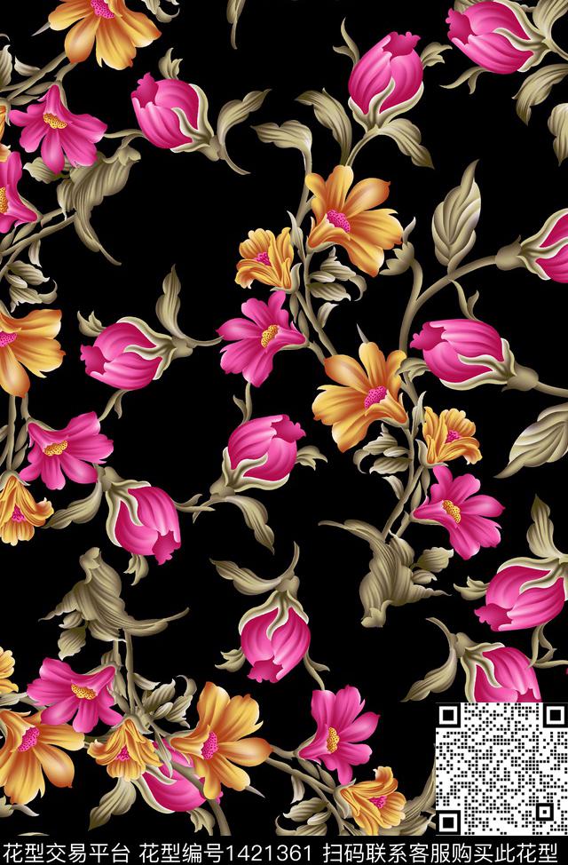 花卉黑底花朵满版散花数码印花华亿平台下载（图片编号: 1421361） - 瓦栏（Walan）