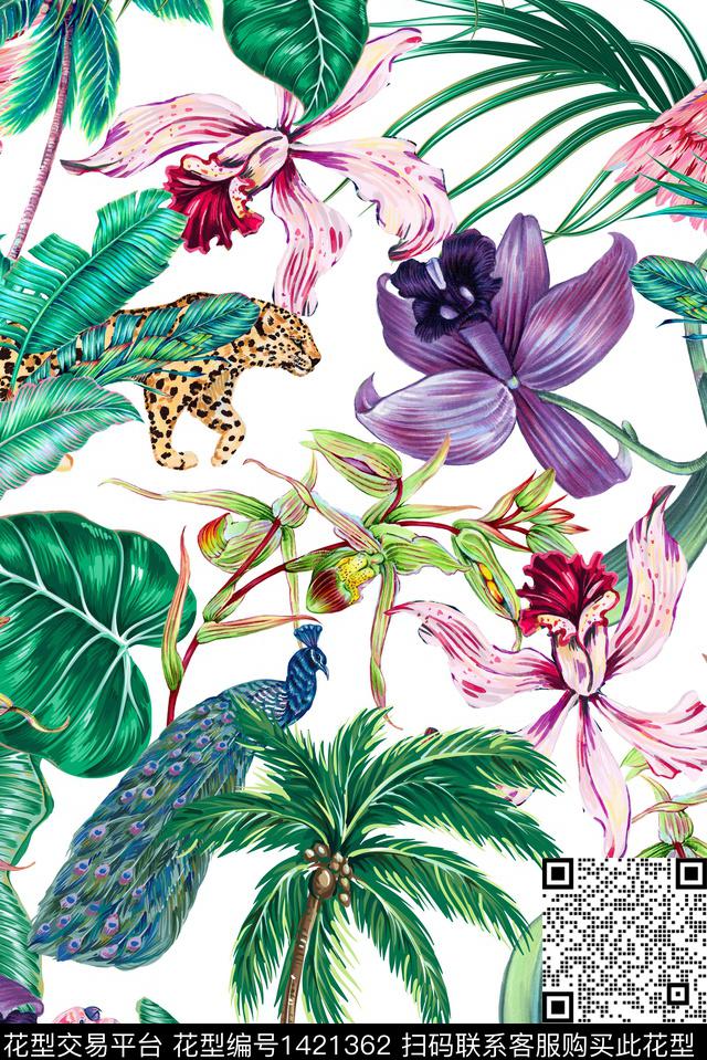 椰子树豹子孔雀数码印花华亿平台下载（图片编号: 1421362） - 瓦栏（Walan）